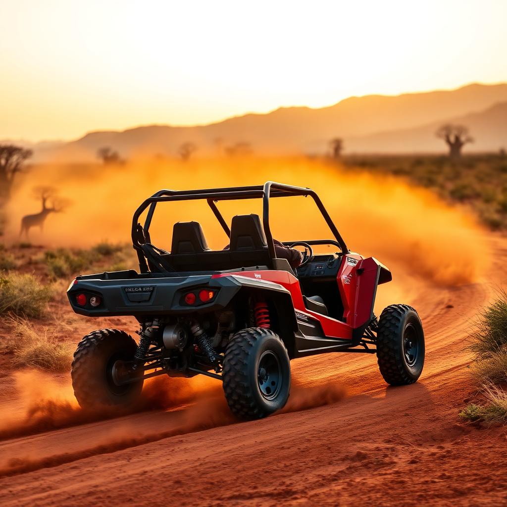 Quad sur une piste de latérite rouge dans la savane